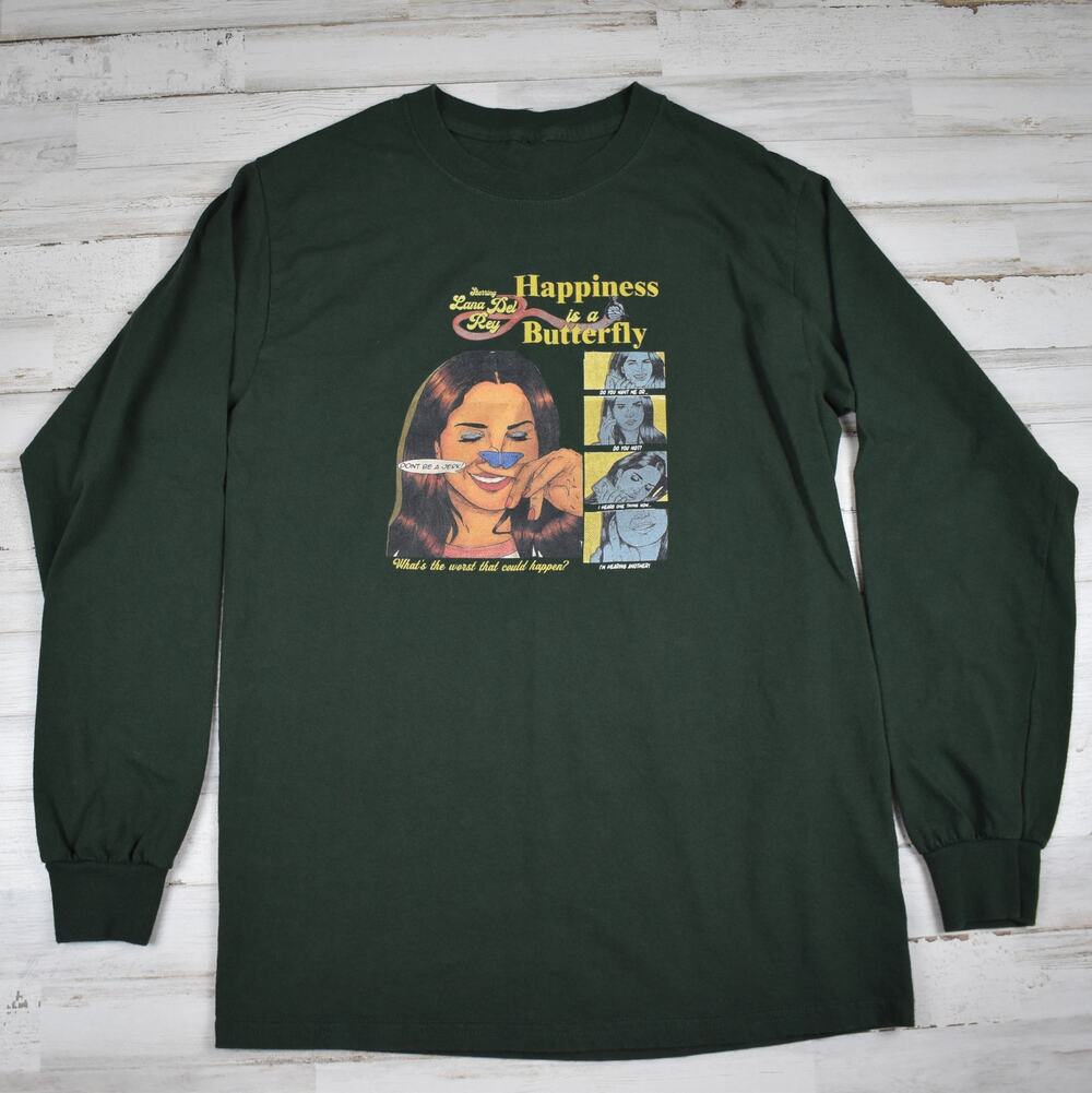 Lana Del Rey Shirt XS Long Sleeve Dark Green Happiness is a Butterfly Band Tee